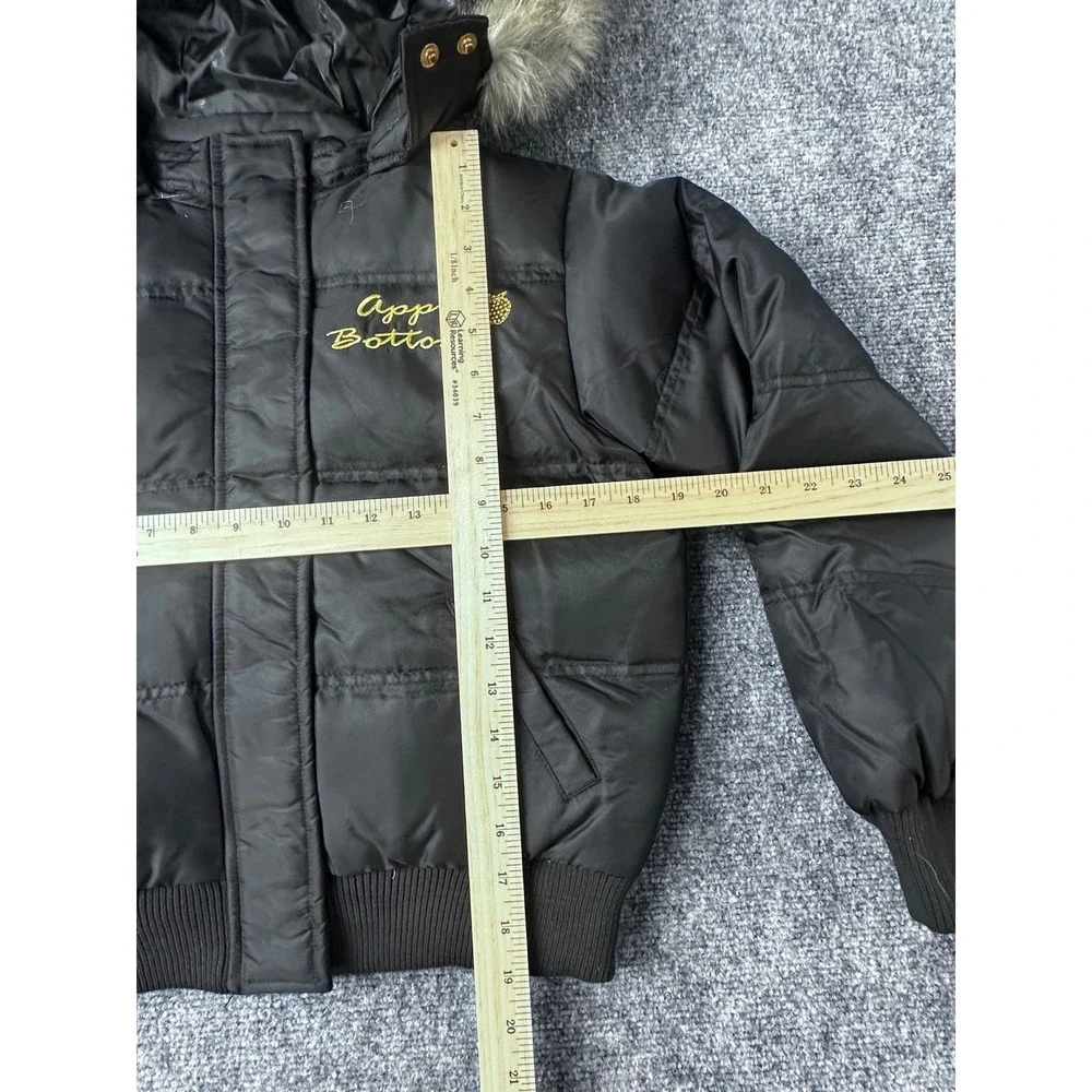 VTG‎ Apple Bottoms Puffer Jacket Black Fur Hood Zip Up Rhinestone Size L